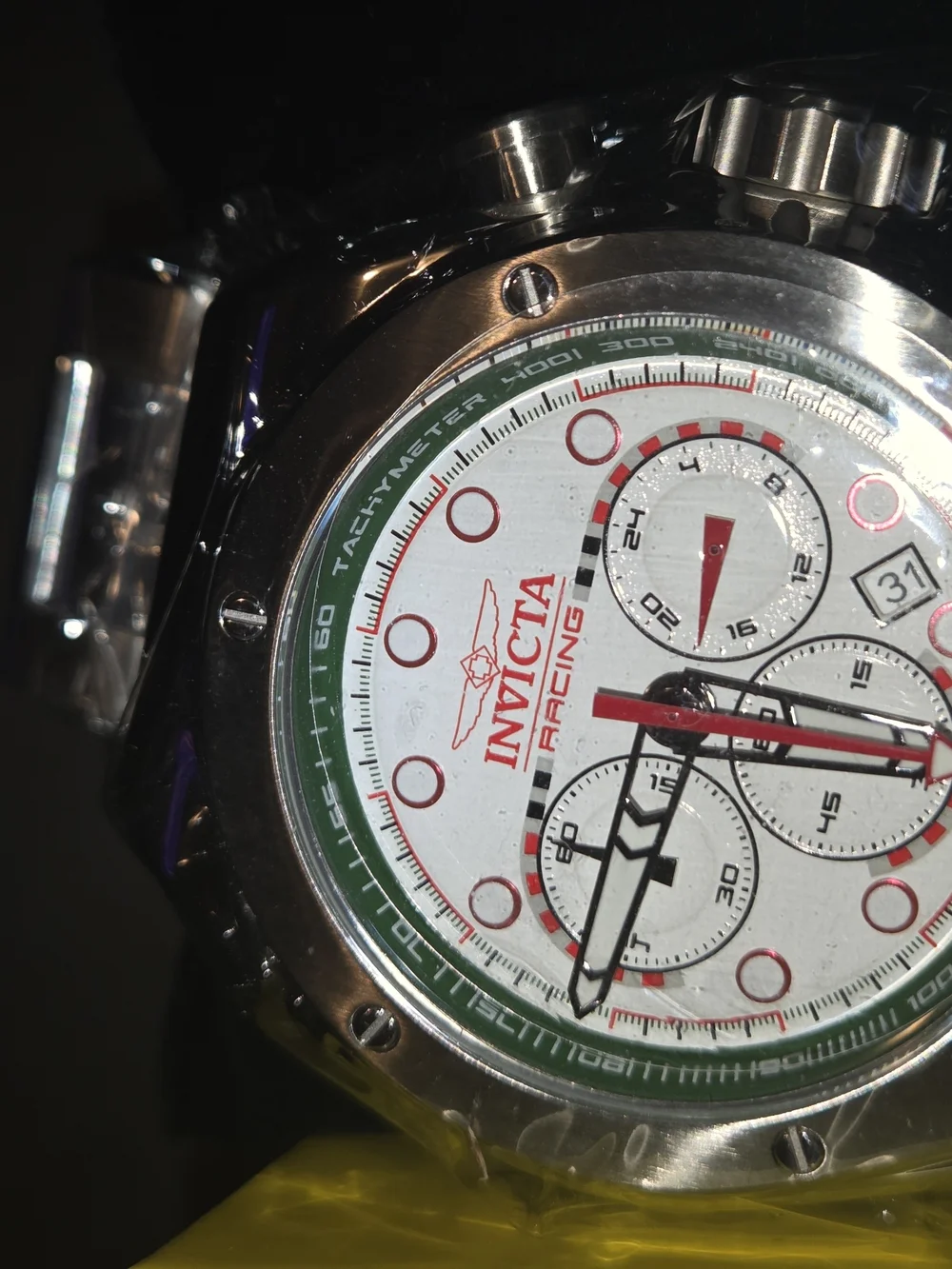 Invicta Men’s Silver-Tone Chronograph Watch with White Dial and Red Accents